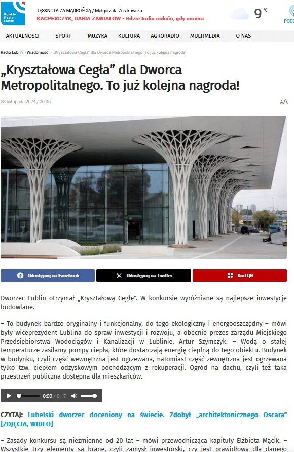 RADIO LUBLIN - „Kryształowa Cegła” dla Dworca Metropolitalnego. To już kolejna nagroda!