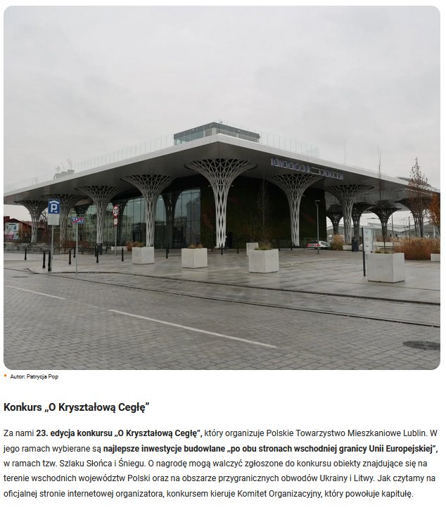 Eska Lublin - Dworzec Lublin zdobył „Kryształową Cegłę”. To kolejne wyróżnienie dla tego obiektu