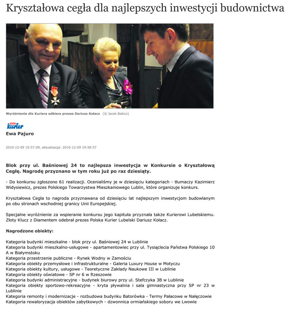 Kryształowa cegła dla najlepszych inwestycji budownictwa