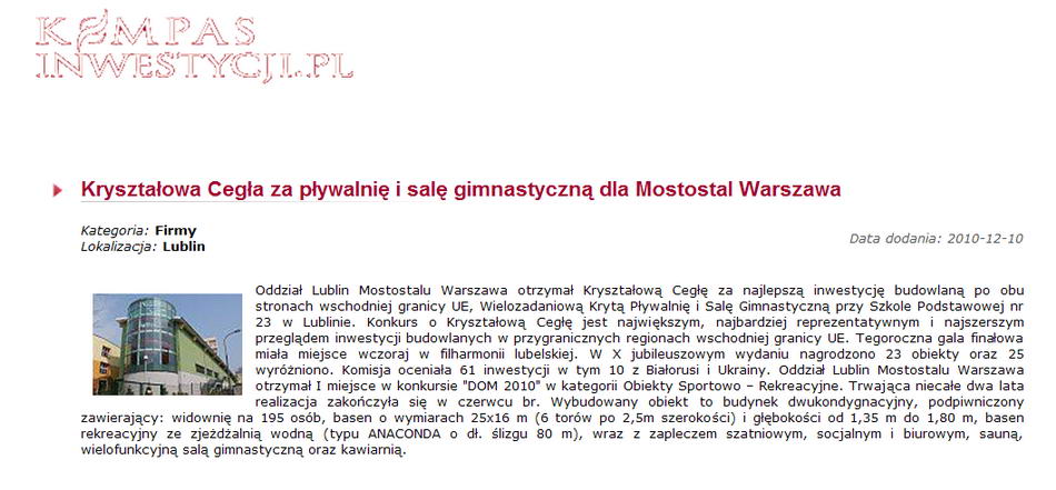 Kryształowa Cegła za pływalnię i salę gimnastyczną dla Mostostal Warszawa