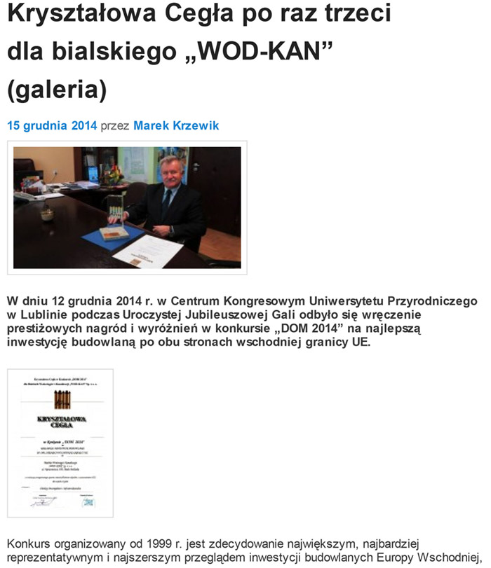 Kryształowa Cegła po raz trzeci dla bialskiego „WOD-KAN”