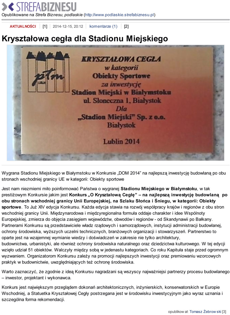 Kryształowa cegła dla Stadionu Miejskiego