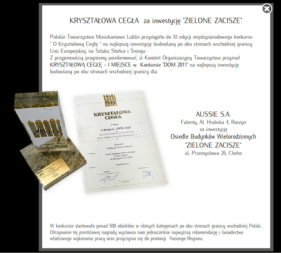 Kryształowa Cegła za inwestycję ZIELONE ZACISZE