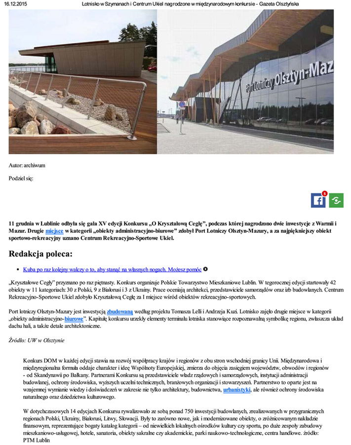 Lotnisko w Szymanach i Centrum Ukiel nagrodzone w międzynarodowym konkursie