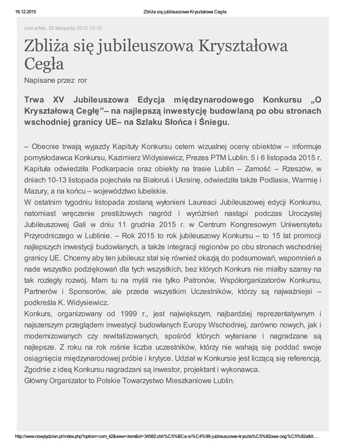 Zbliża sią jubileuszowa "Krysztalowa Cegla"