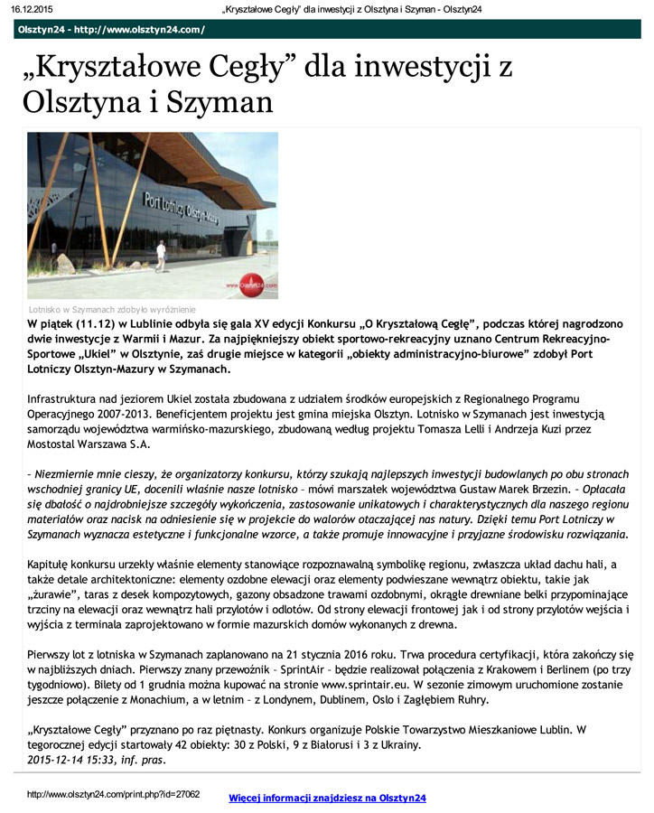 "Kryształowe Cegły" dla inwestycji z Olsztyna i Szyman