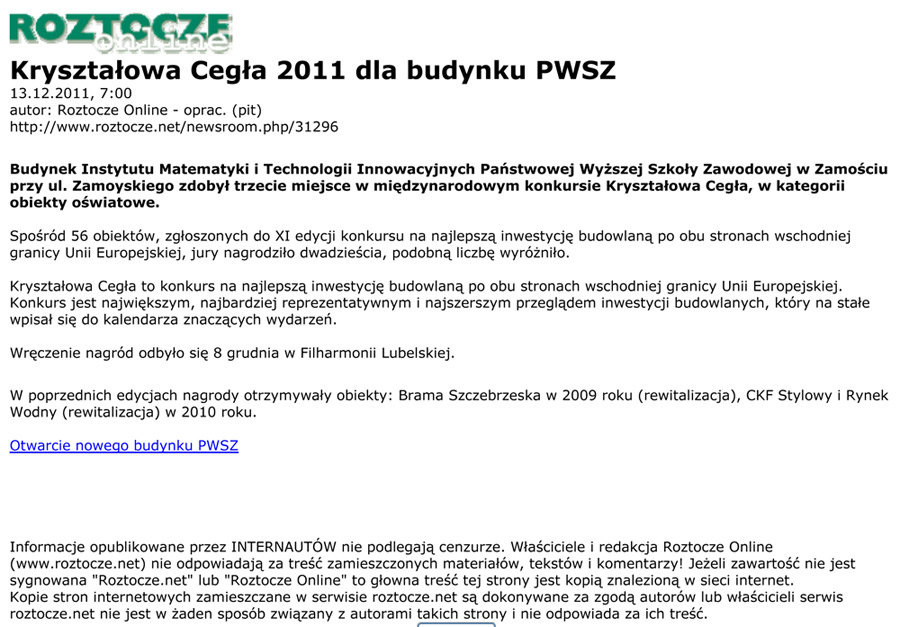 Kryształowa Cegła 2011 dla budynku PWSZ